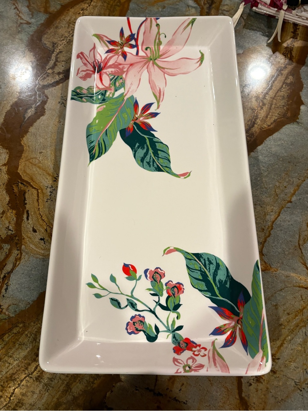 TAG Rectangular Platter Appetizer Tray Floral  🌸 🌺 Pink Green Lilies Leaves